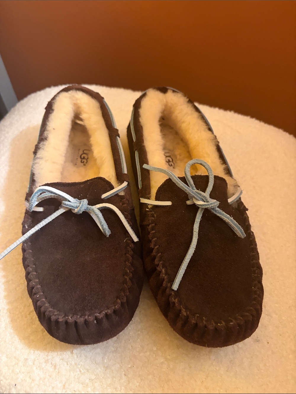UGG Rare Brown Suede Moccasin Slippers with Cream Shearling and blue lace